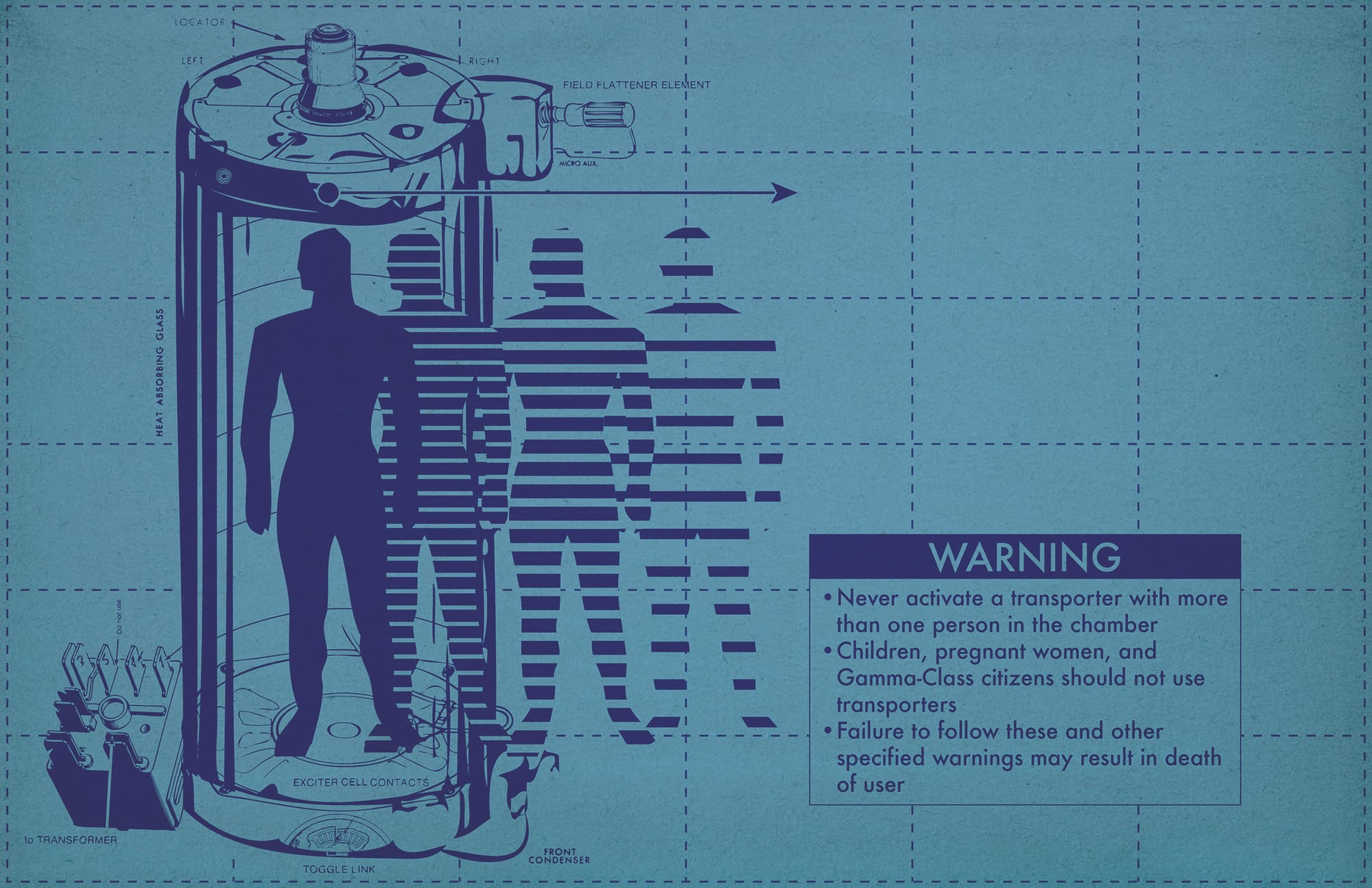 Human silhouette dissolving into horizontal slices inside Miles Donovan's cyan Teleporter warning diagram.