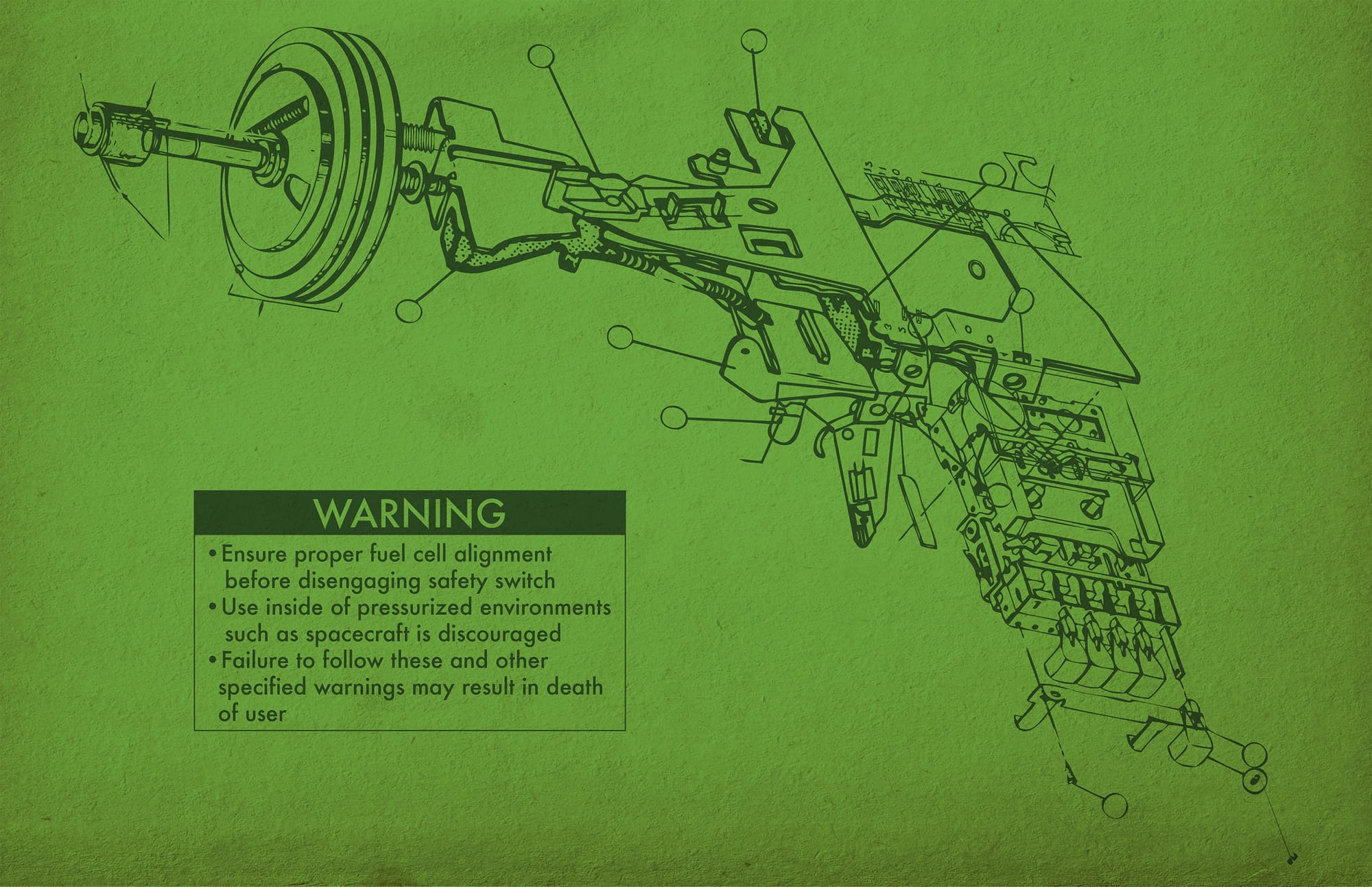 Exploded ray-gun mechanism with numbered component callouts in Miles Donovan's lime-green warning diagram.