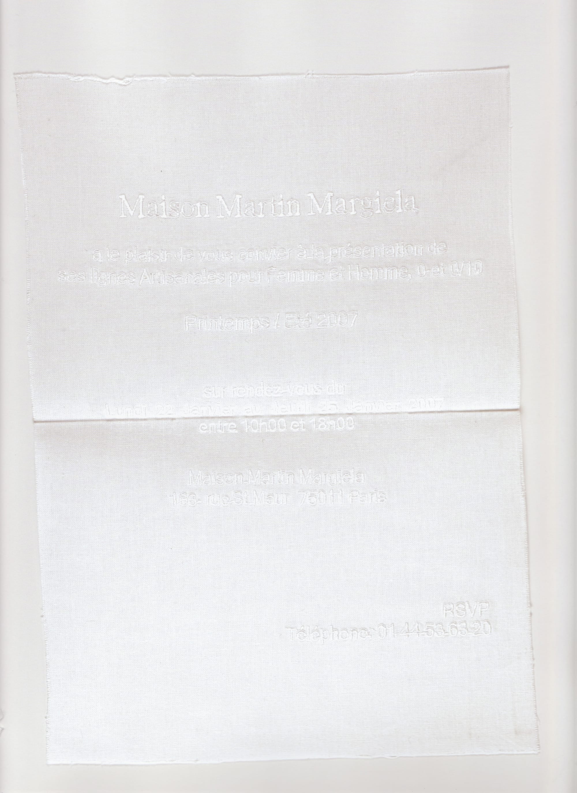 White embroidery on starched cotton invitation for the Spring/Summer 2007 Artisanal presentation.