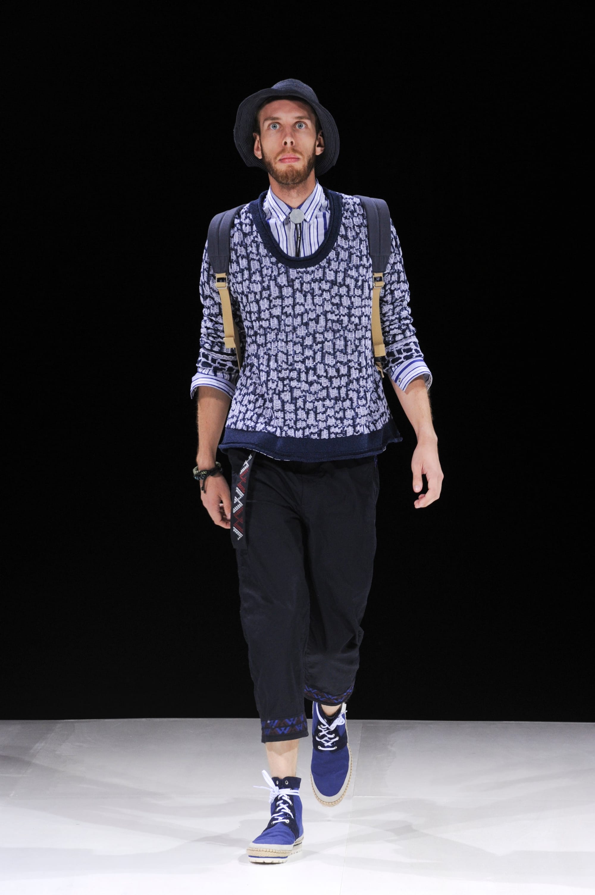 Model in a blue patterned sweater over a collared shirt, black cropped trousers, and a backpack.