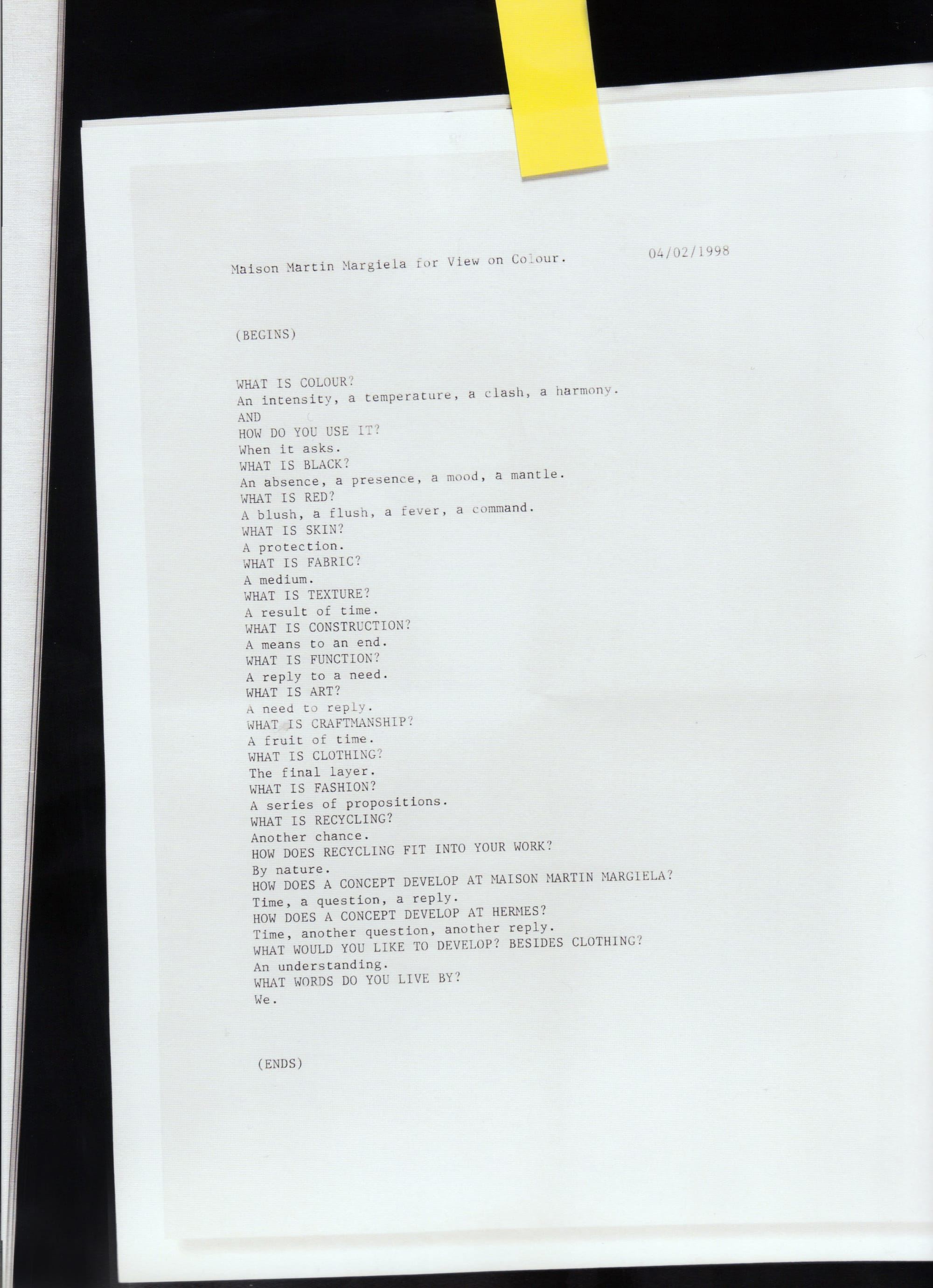 Maison Martin Margiela Spring/Summer 1998 View on Colour interview page.