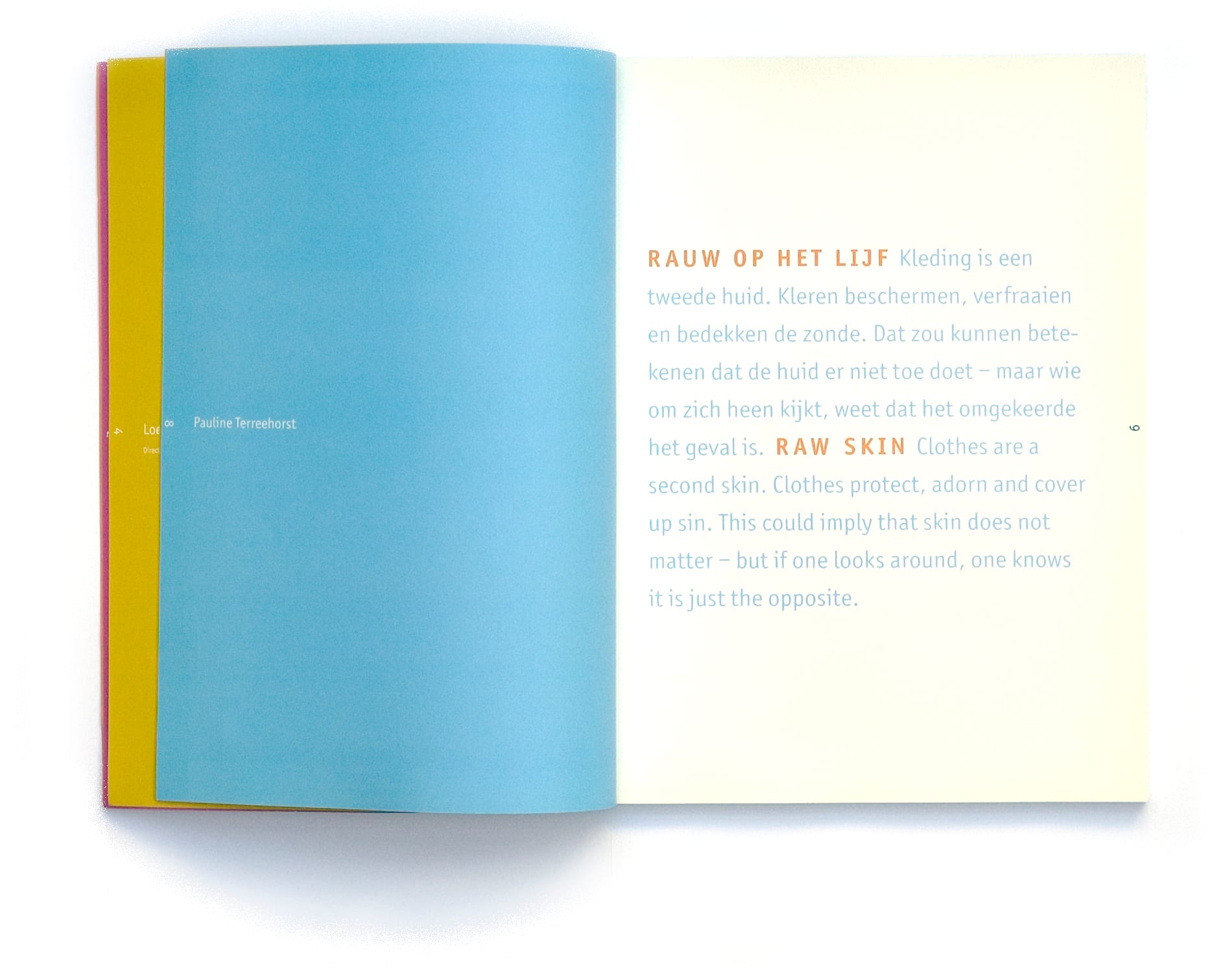 Cyan and cream opening spread for Pauline Terreehorst's Rauw op het lijf and Raw Skin introduction.