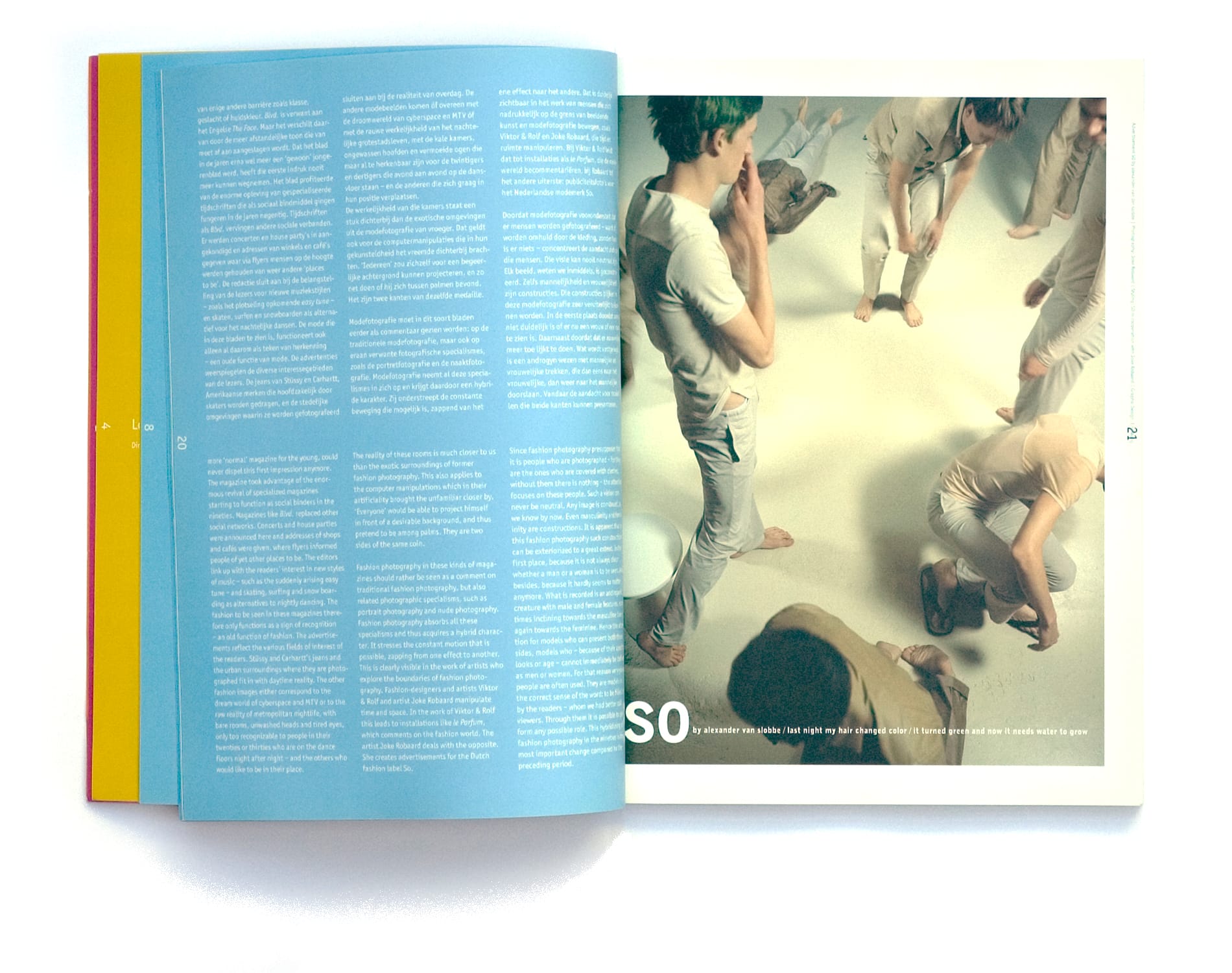 Joke Robaard's overhead SO advertisement for Alexander van Slobbe, with barefoot male models in pale clothing beside a cyan catalog essay.