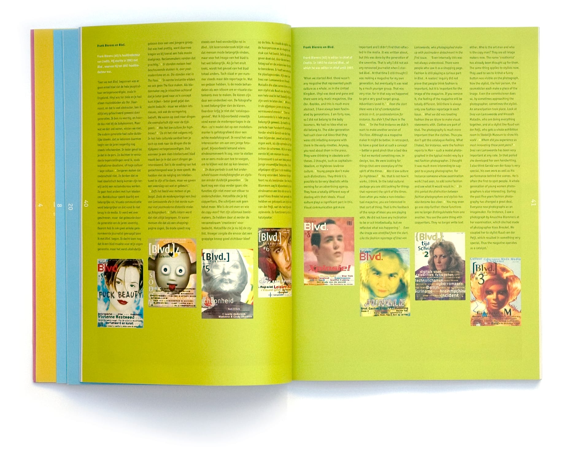 Lime-green Frank Bierens interview spread displaying seven BLVD magazine covers.