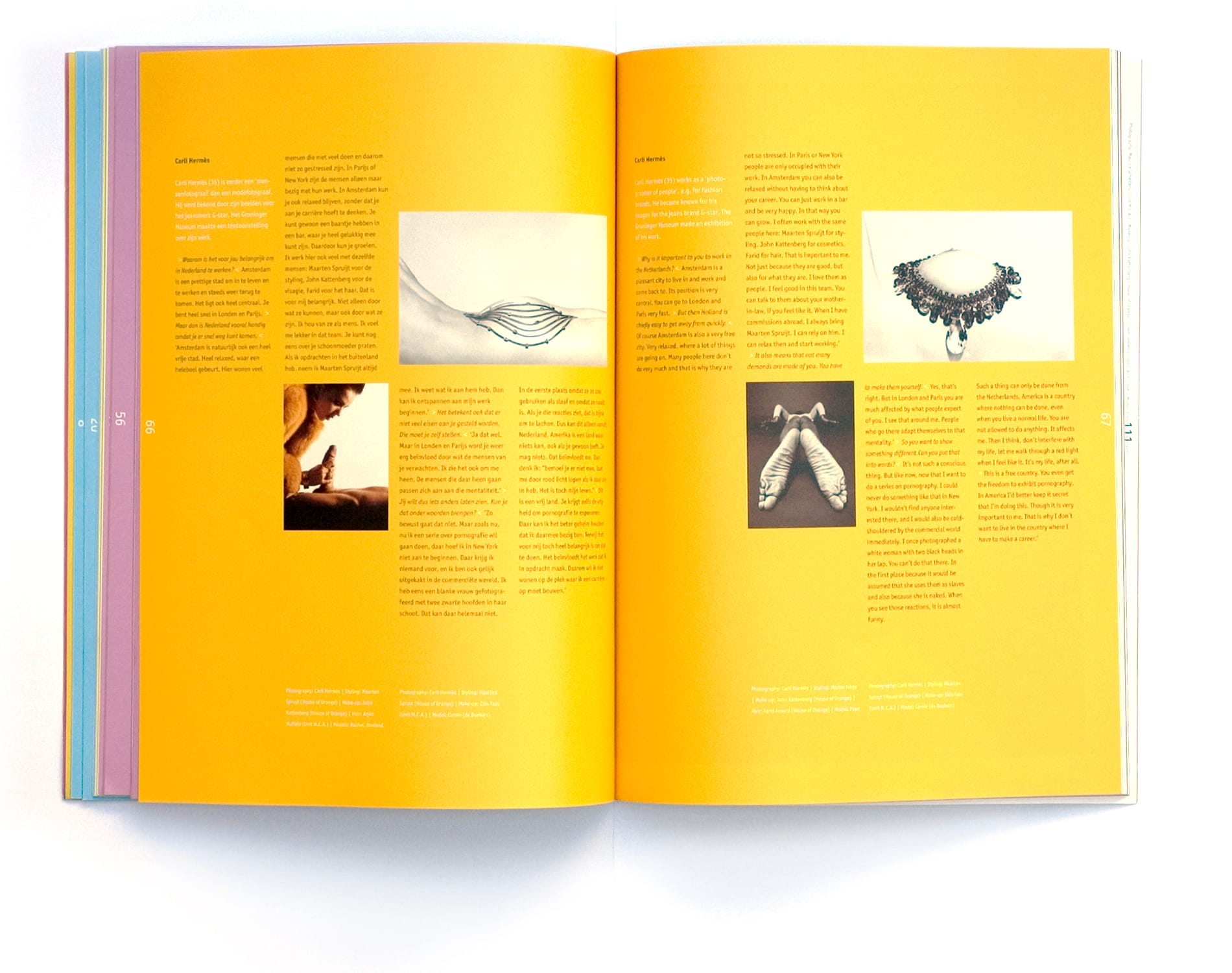 Yellow Carli Hermès interview spread with photographs of body ornaments, hands and feet.