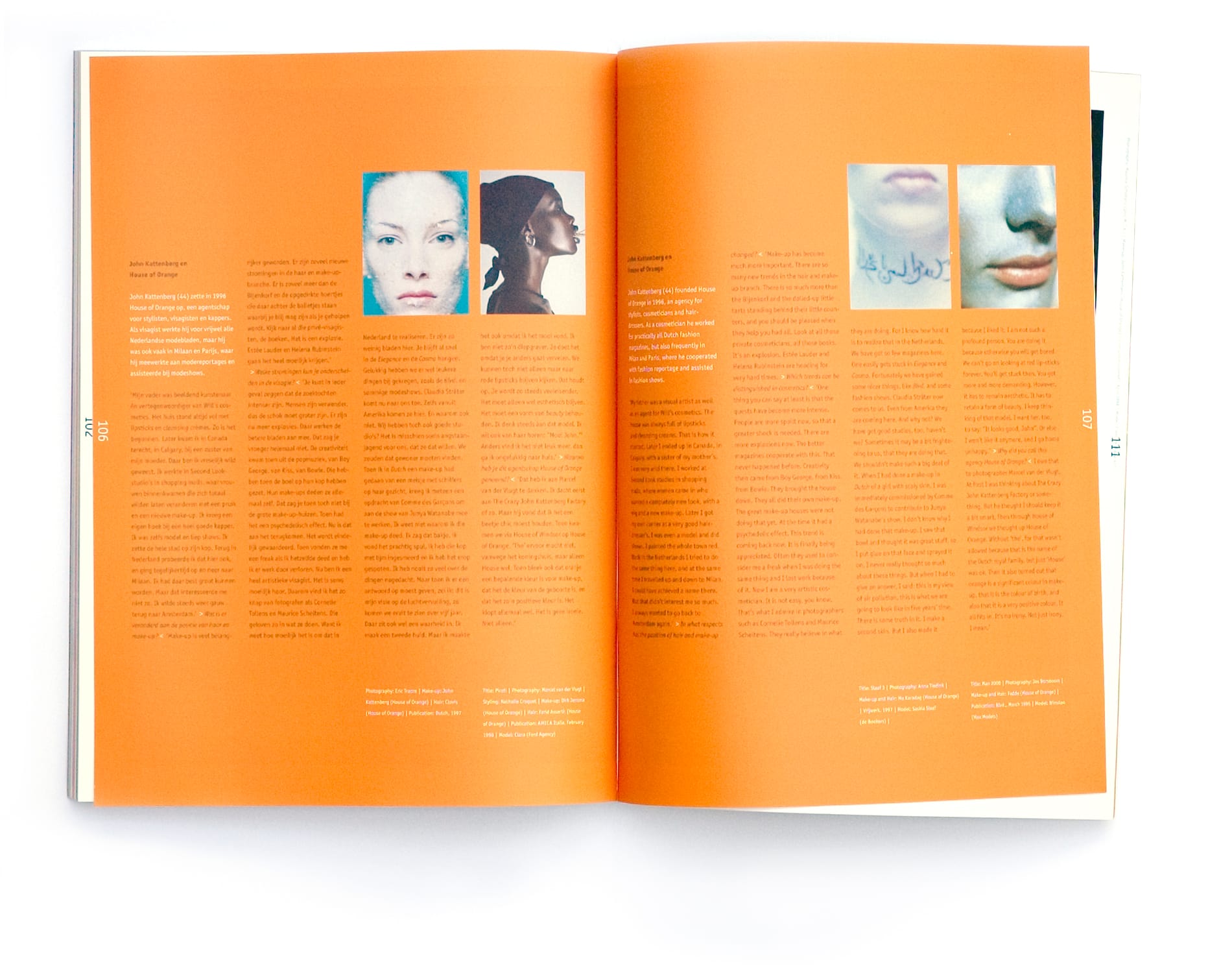 Orange John Kattenberg and House of Orange interview spread with four cropped beauty photographs.