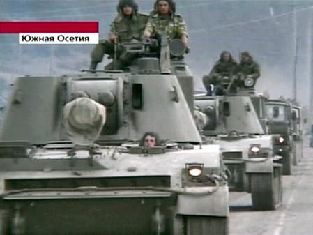 Russian mobile artillery convoy entering the Tskhinvali area in a television grab labeled South Ossetia.