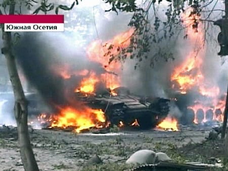 Georgian tank burning in Tskhinvali in a Russian Channel One television grab labeled South Ossetia.