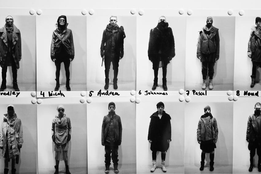 Black-and-white Boris Bidjan Saberi model lineup board with hooded and face-wrapped Fall/Winter 2012 looks.