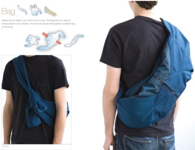Vessel sling-bag board showing the blue jacket folded and tied for shoulder carry.