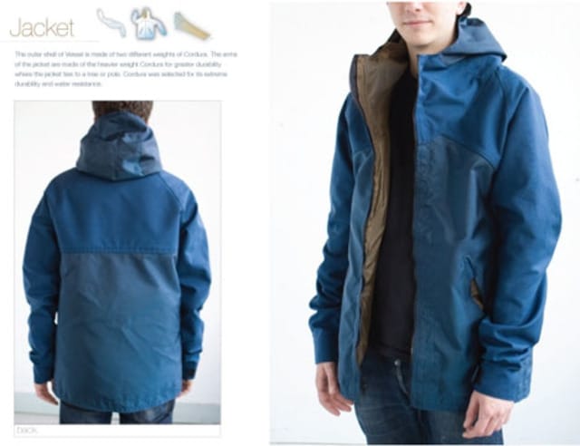 Vessel reversible Cordura jacket board showing front and back views of the blue shell with tan lining.