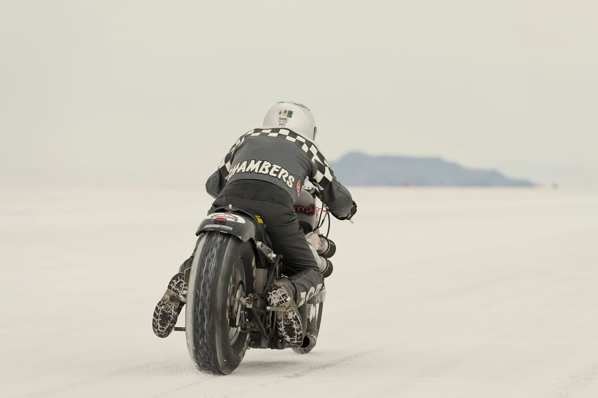 Rider Chamber leaving course three on a Harley-Davidson motorcycle at Bonneville SpeedWeek 2012.
