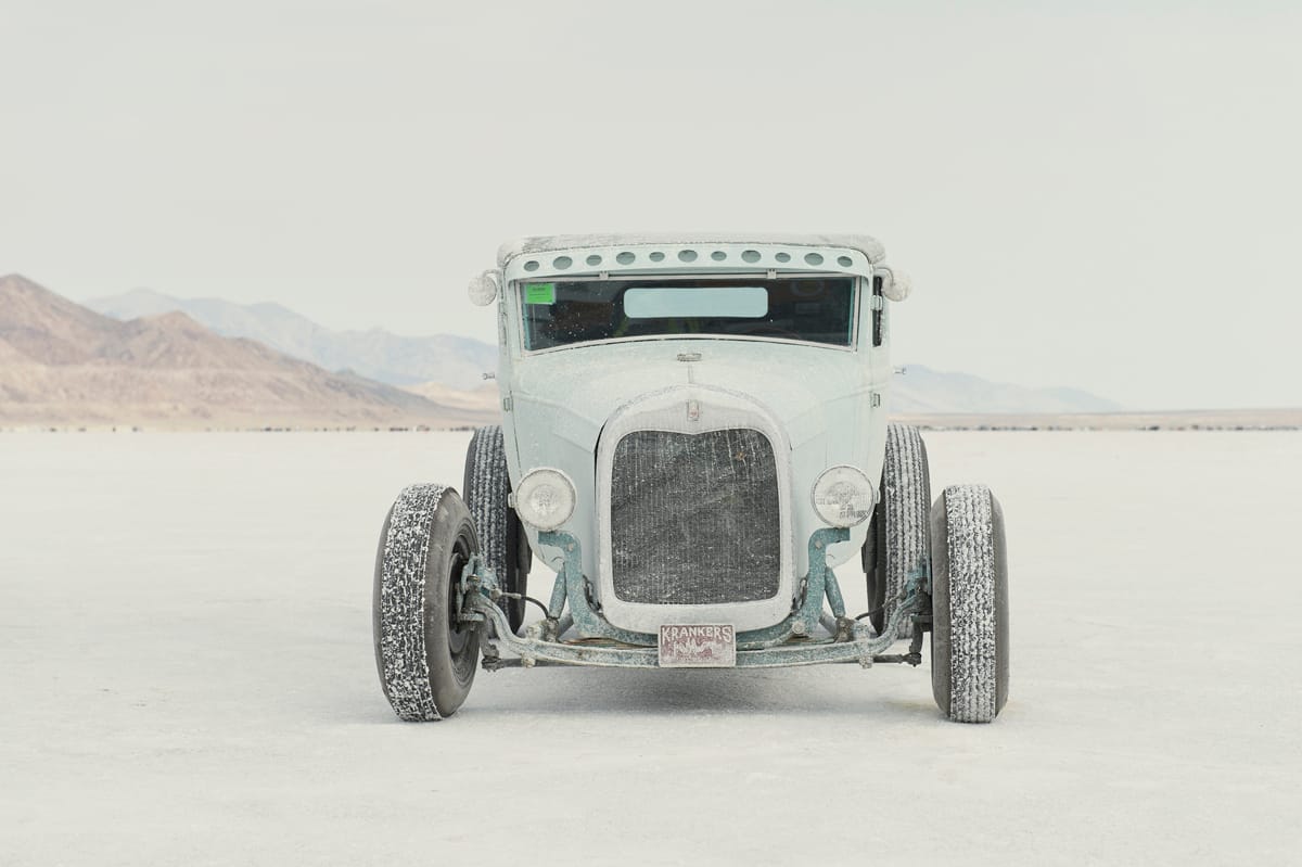 Front view of a hot rod coated in salt after a week of driving at Bonneville SpeedWeek 2012.