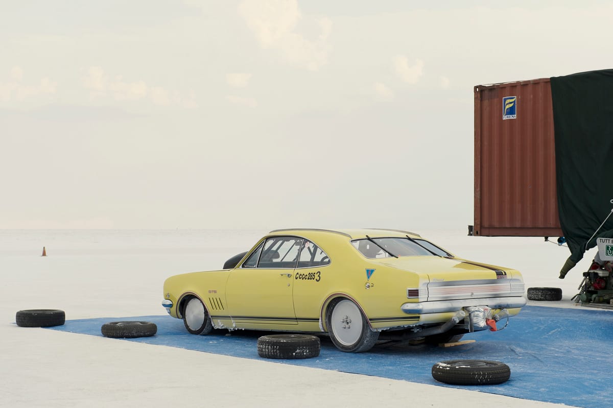 Wayne Pickles' yellow 1968 HK Holden Monaro in the pits at Bonneville SpeedWeek 2012.