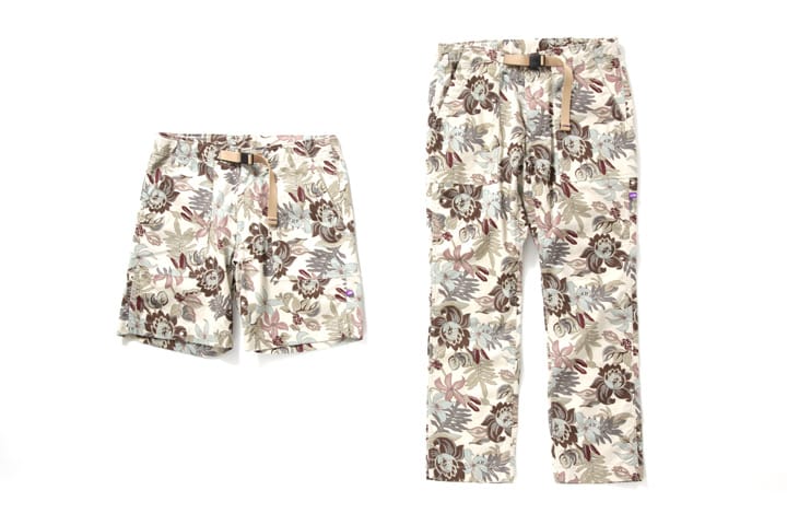 The North Face Purple Label SS2013 floral-print Vintage Nylon Taffeta cargo shorts and full-length trousers with tan webbing belts.