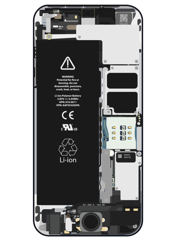 Animated vector cutaway of iPhone 5s internals cycling from a blue wireframe through partial assembly to the battery, Apple A7 logic board, cameras and finished internal layout.