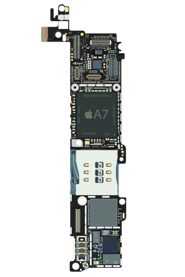 Animated vector construction of the iPhone 5s logic board, centered on the Apple A7 processor and its surrounding chips, traces, connectors and shielding.