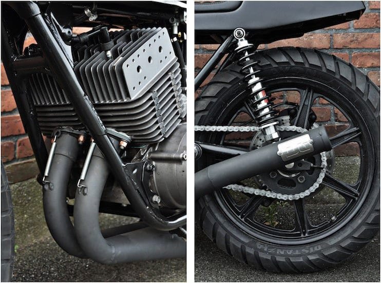Two-panel detail of the Yamaha RD400 two-stroke engine, Bitubo rear shock and DG exhaust.