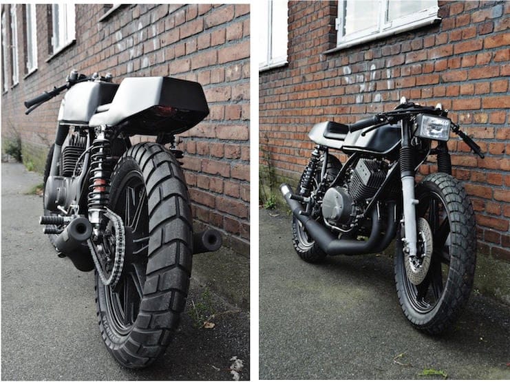 Rear and front three-quarter views of the Wrenchmonkees Yamaha RD400 café racer.