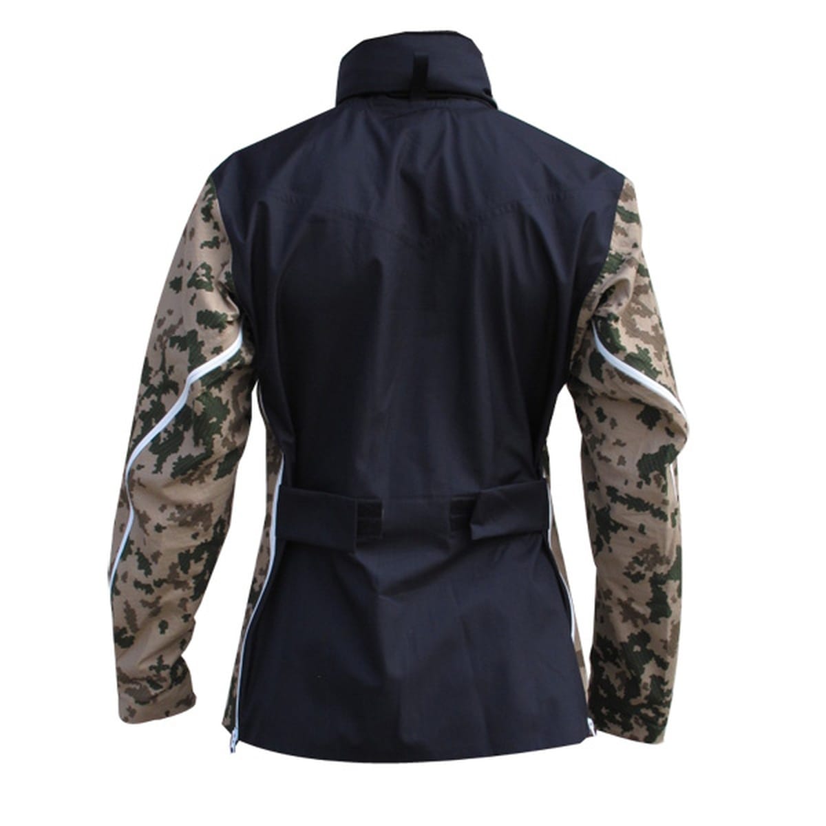 Back view of the Griffin GFT 014 Technical Bearskin jacket with black bonded panels and camouflage sleeves.