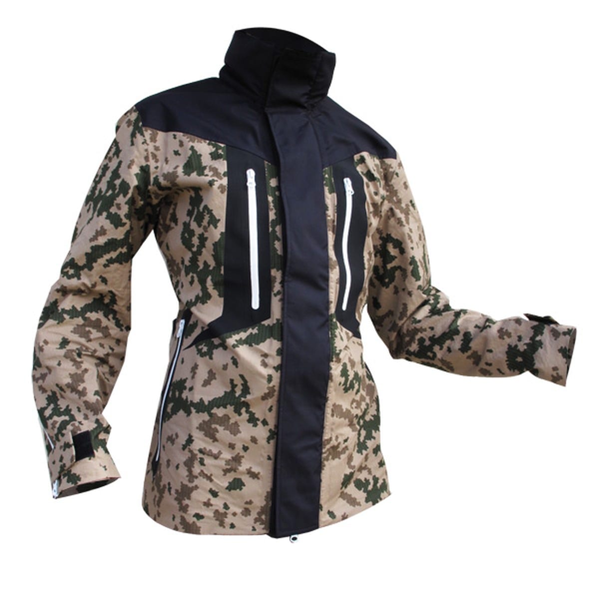 Front view of the Griffin GFT 014 Technical Bearskin jacket with Finnish digital camouflage panels and white taped zips.