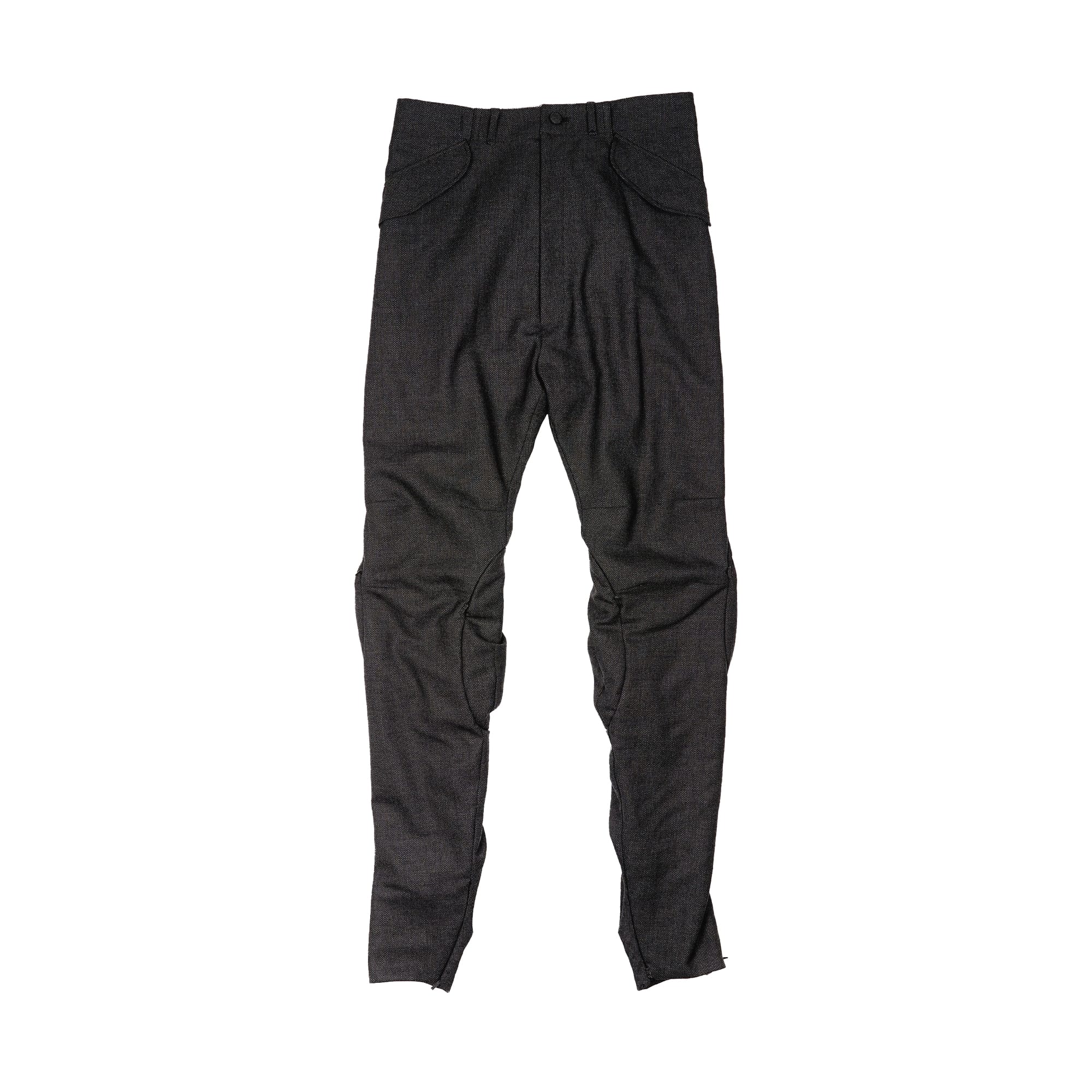 Front flat view of Aitor Throup OA55-13 Prelude Calf Pocket Trousers in dark grey worsted wool.