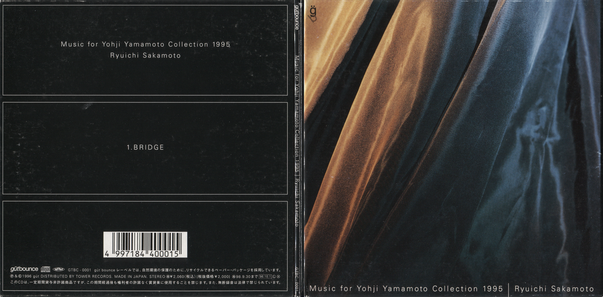 Spread of Ryuichi Sakamoto's Music for Yohji Yamamoto Collection 1995 CD packaging, with a black track panel and draped fabric cover.