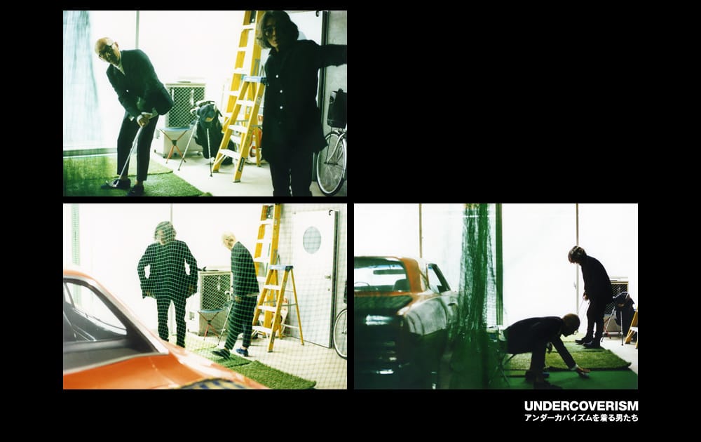 Three photographs of men playing indoor miniature golf near a ladder and parked car.