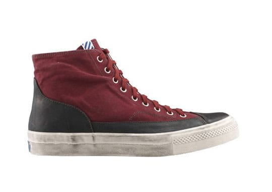 Burgundy canvas and black leather visvim SKAGWAY ESTLIN sneaker.