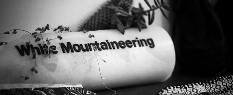 White Mountaineering logo displayed among plants and patterned textiles.