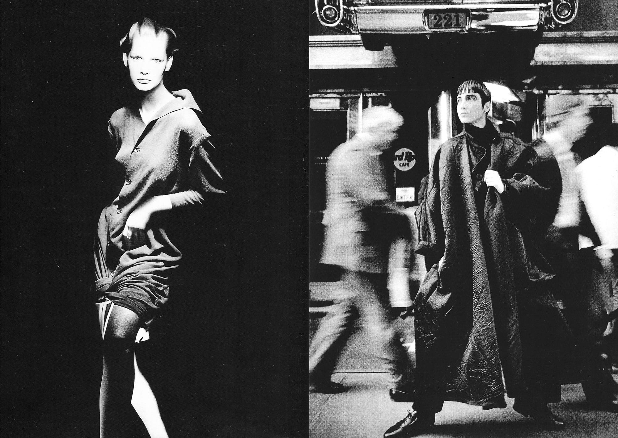 Yohji Yamamoto fine-weave woollen dress from Spring/Summer 1988 beside a loose crushed-effect coat from Autumn/Winter 1984-85.