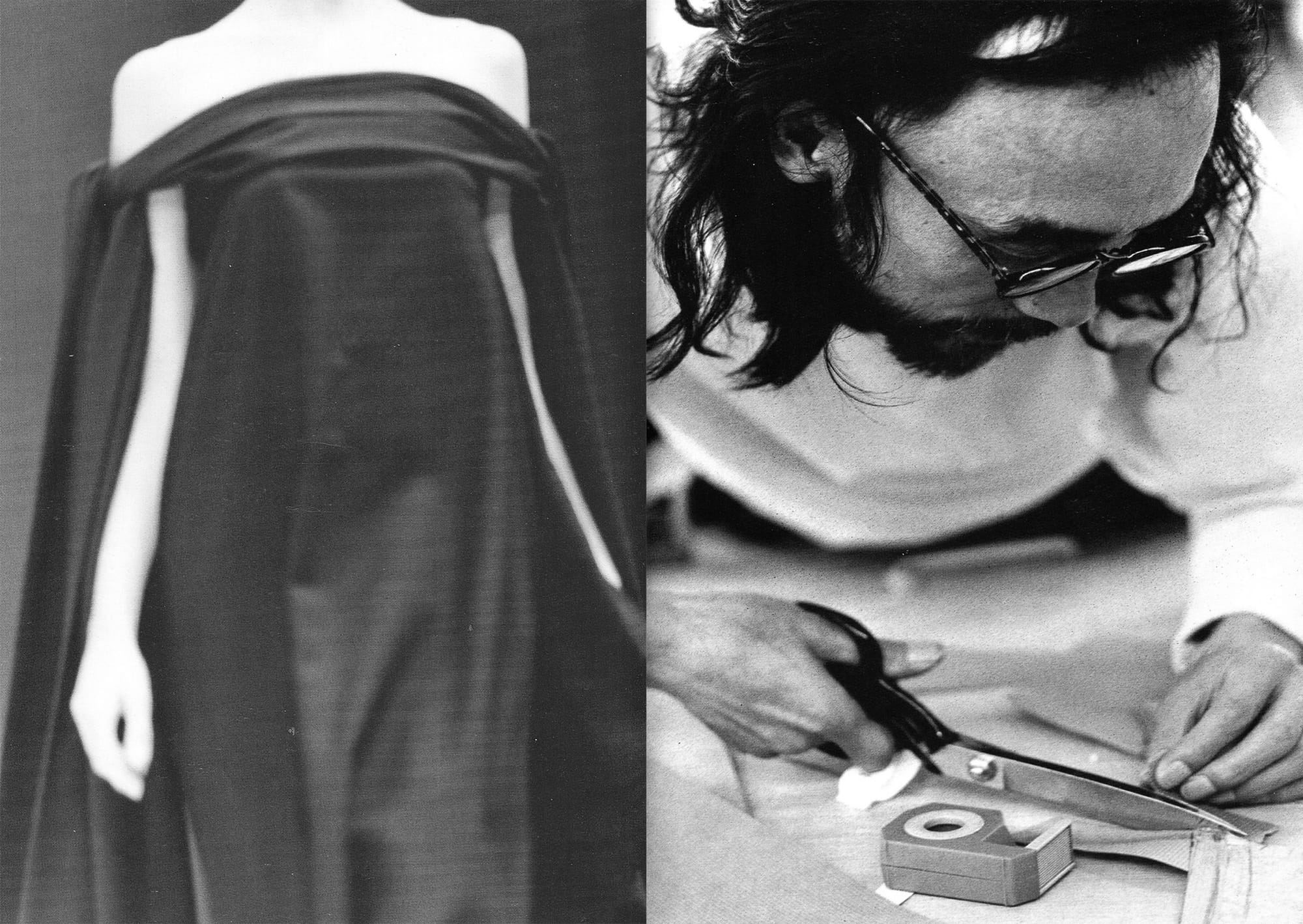 Yohji Yamamoto cutting fabric beside a black gabardine evening gown from Spring/Summer 1993.