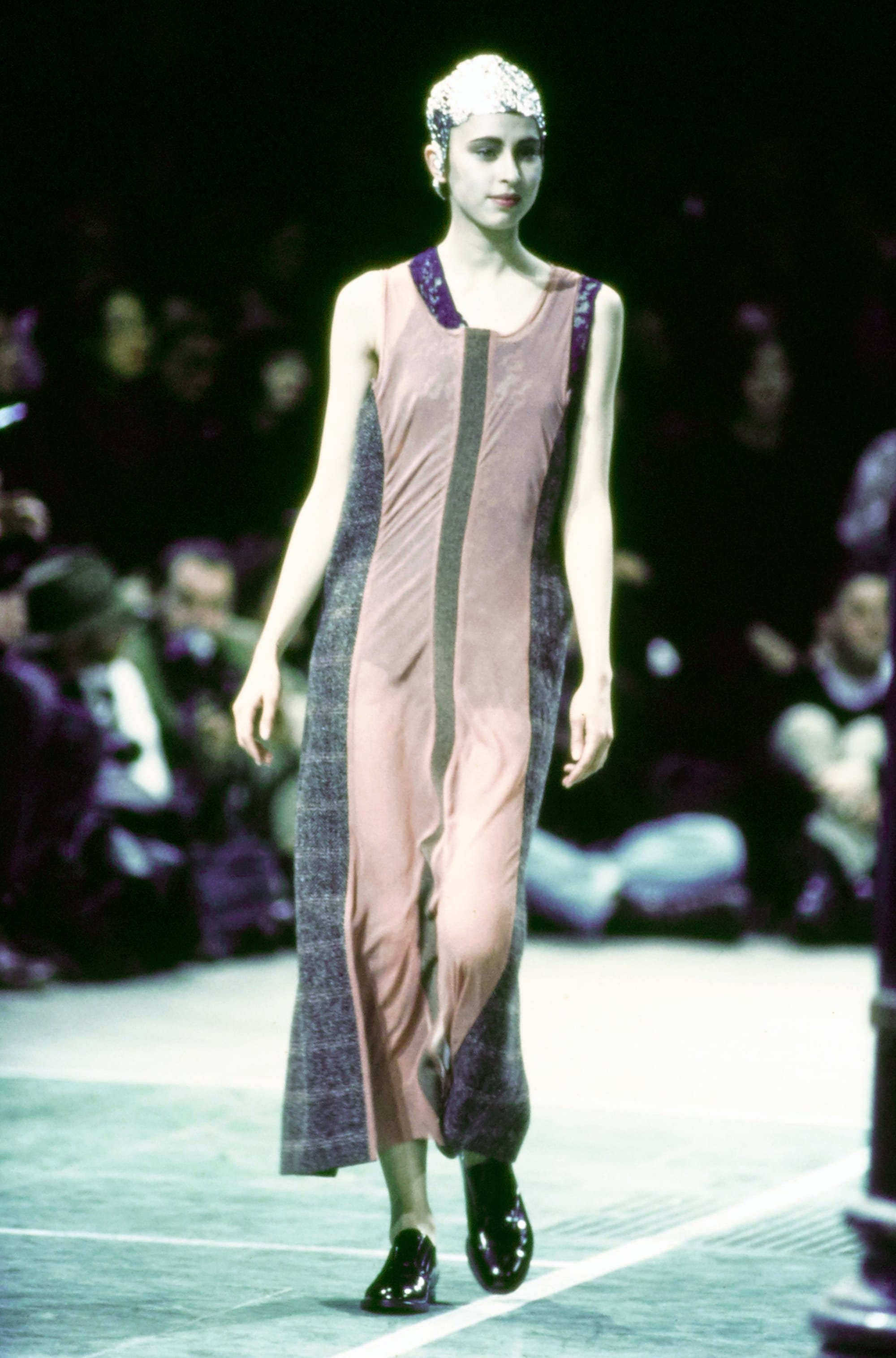 Comme des Garçons Fall 1993 Ready-to-Wear runway look 12: long sleeveless colour-block dress in black, blush, and olive.