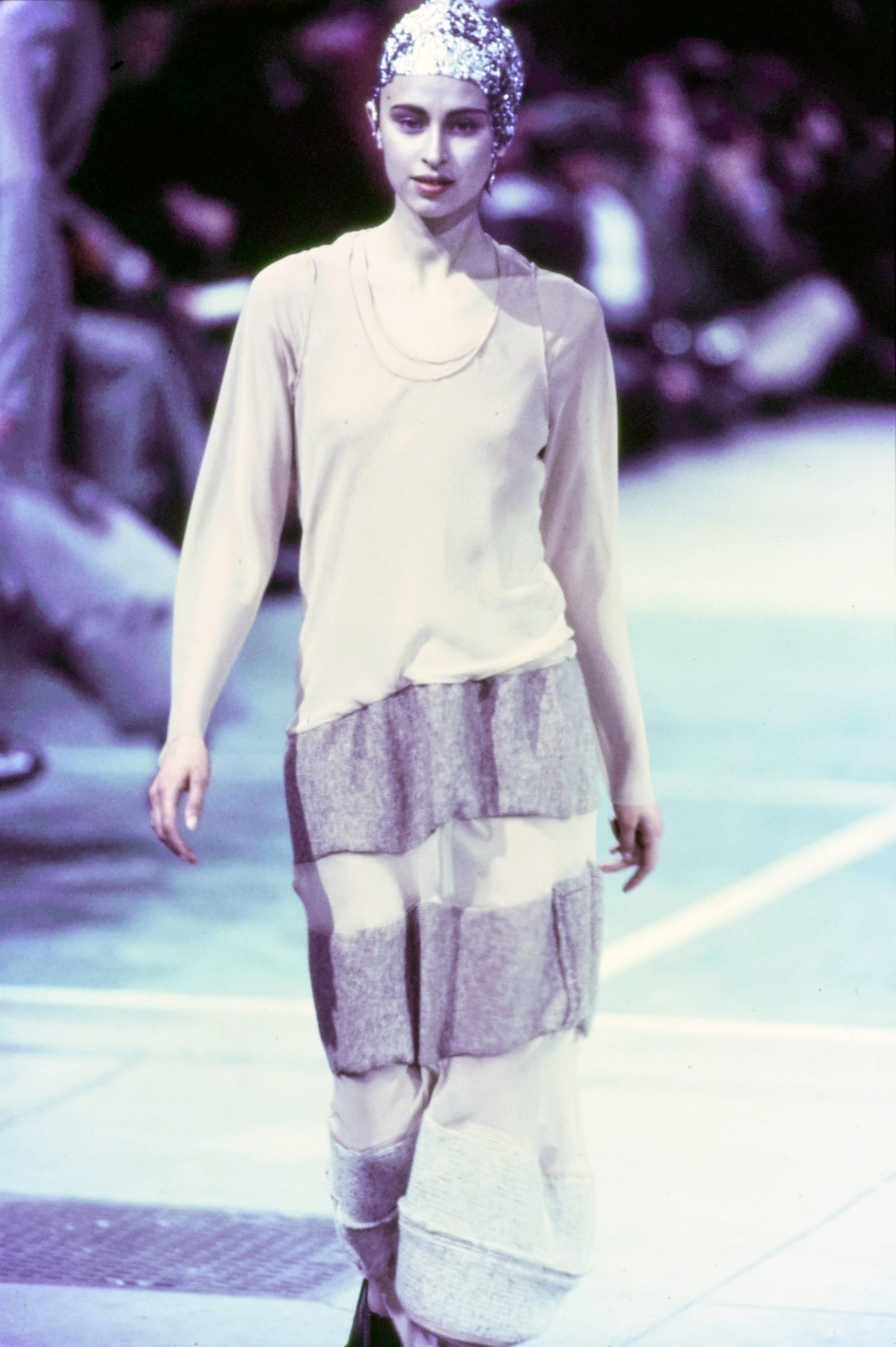 Comme des Garçons Fall 1993 Ready-to-Wear runway look 41: cream layered tunic and skirt with horizontal grey bands.