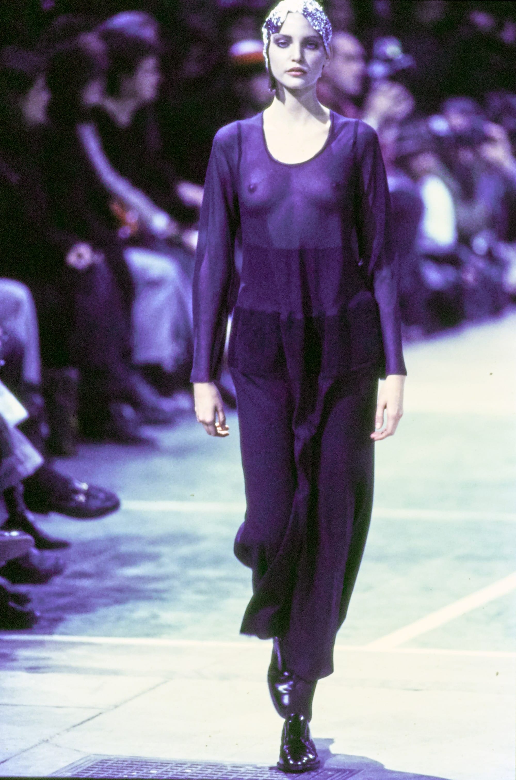 Comme des Garçons Fall 1993 Ready-to-Wear runway look 55: black tank and tailored trousers.