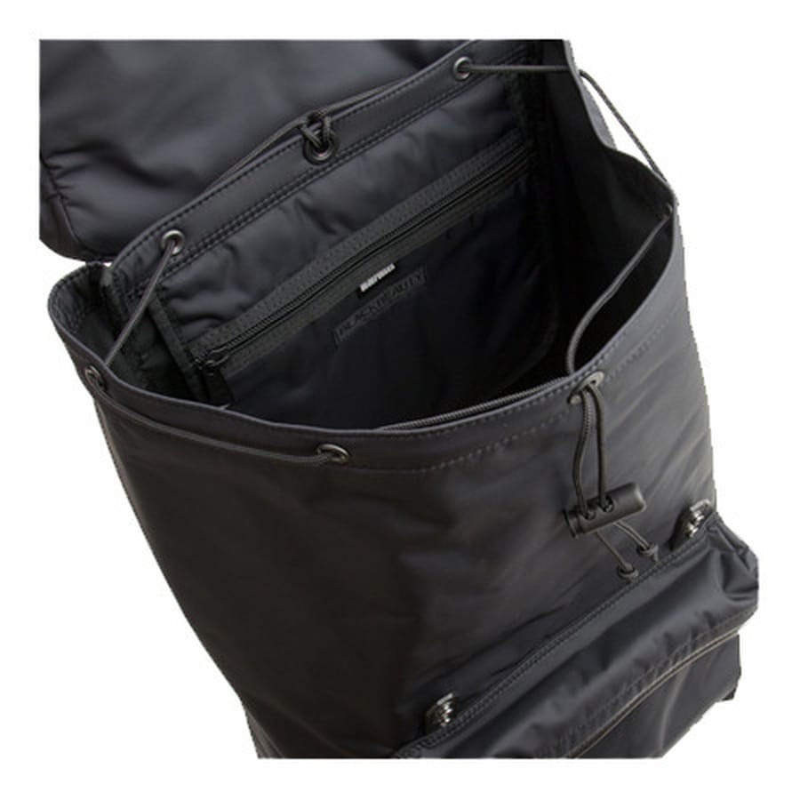 Open Head Porter Black Beauty LX ruck sack showing its black lined interior, drawcord closure and internal zip pocket