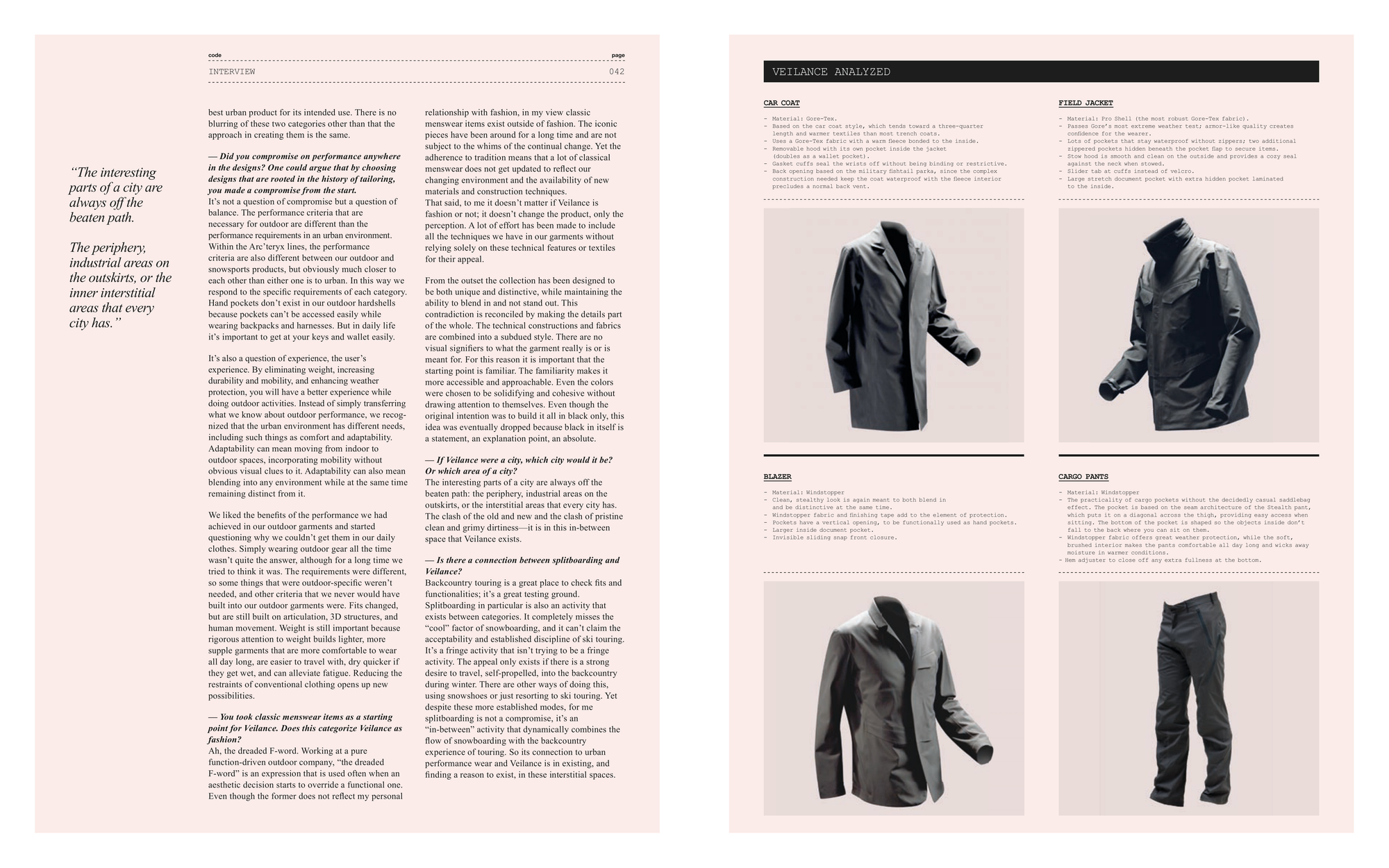 CODE magazine Veilance interview conclusion and product analysis of the Gore-Tex car coat and field jacket, Windstopper blazer, and cargo pants.