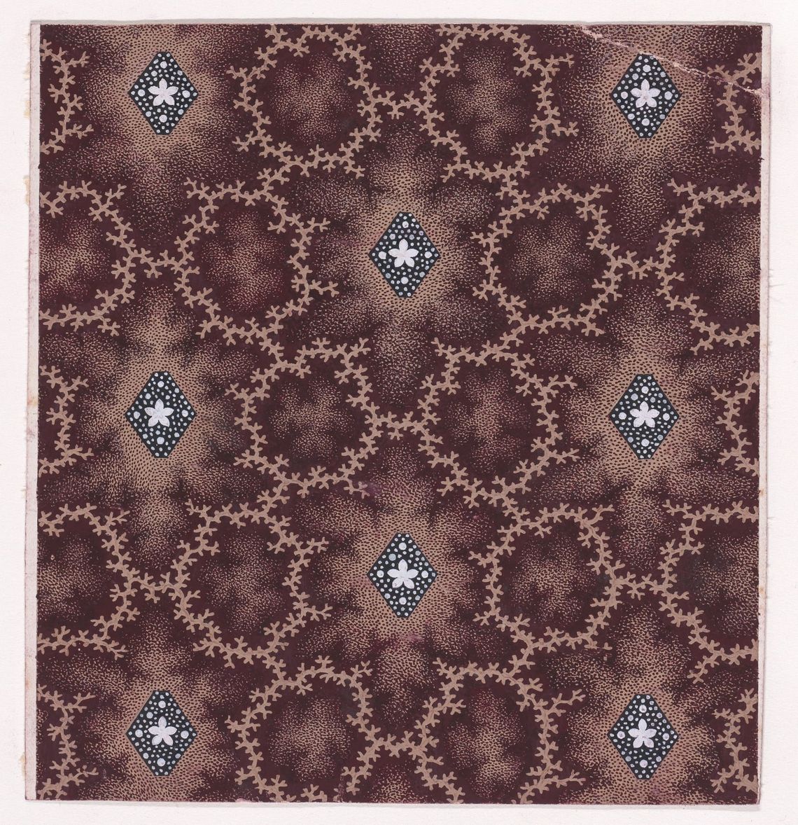 Textile Design with Alternating Vertical Rows of Lozenges Decorated with Rosettes and Pearls Framed by Interlacing Garlands of Branches