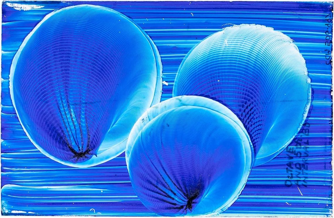 Three pitches in an Impression Figure by Margaret Watts Hughes, pigment on glass, Margaret Watts Hughes, date unknown.