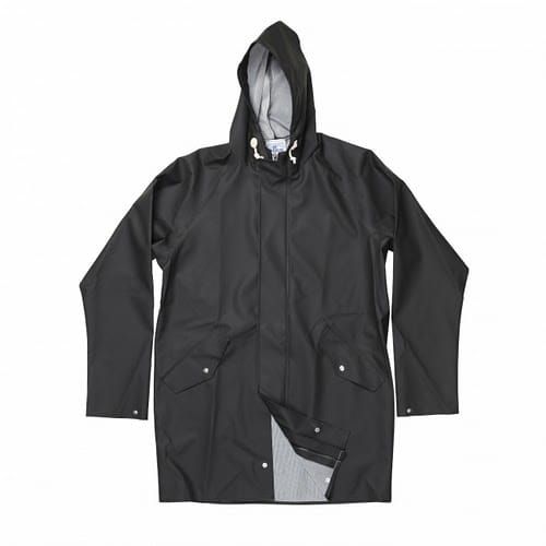 Black hooded shell jacket with front zipper and snap closure.