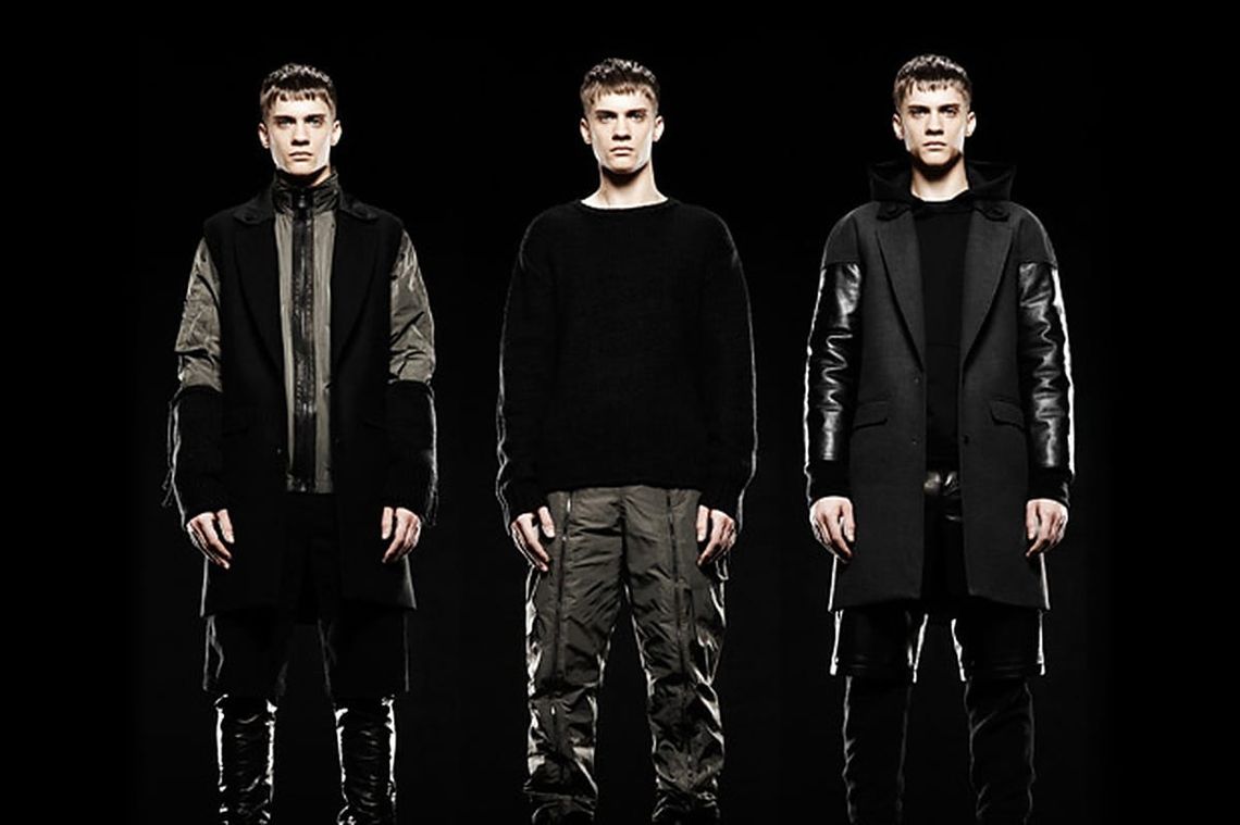Undercoverism dark menswear lookbook image with three black and olive layered outfits.