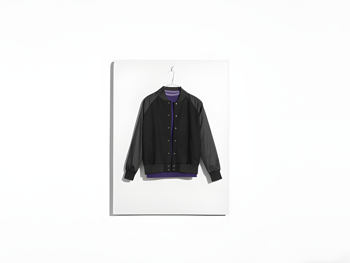 Black ACRONYM bomber jacket with purple trim shown in a studio product image.