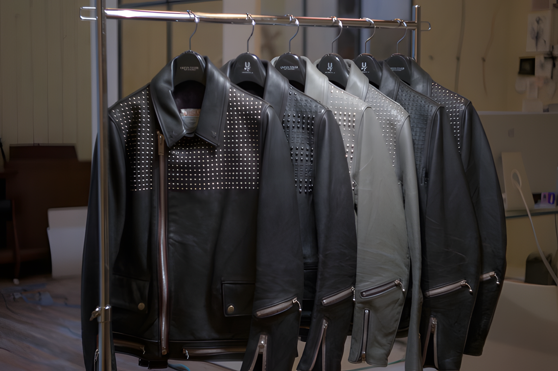 Rack of six UNDERCOVER hand-studded leather riders jackets in black and grey.