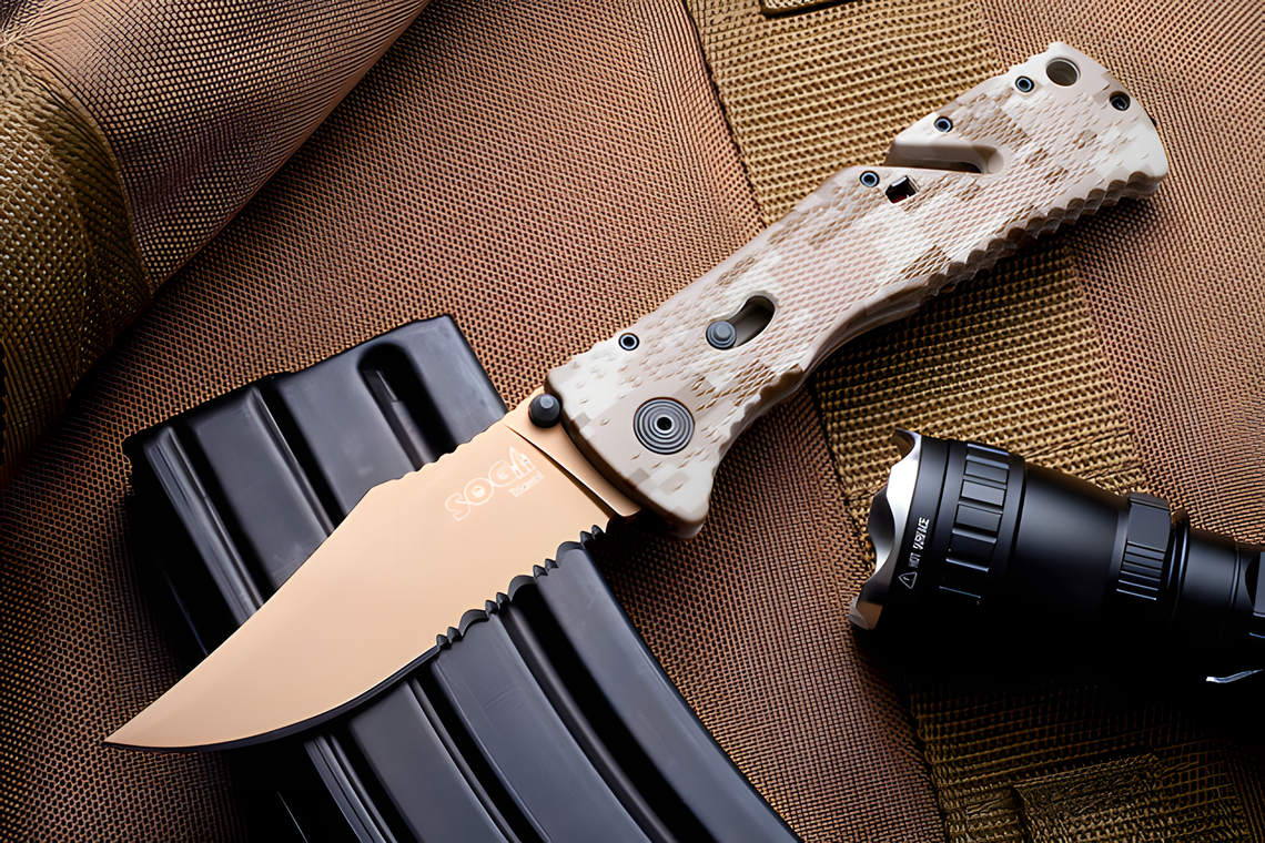 Tan camo SOG Aegis Digi Camo knife with flashlight and magazine on a woven surface.