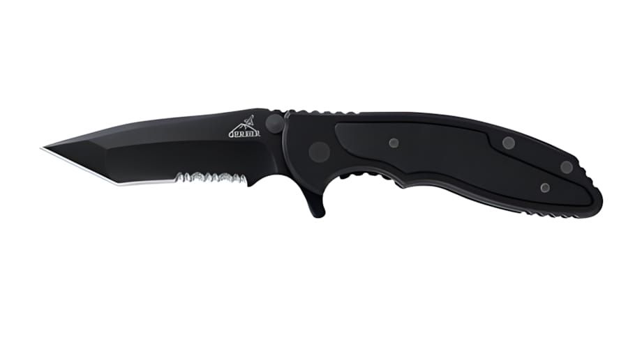 Gerber Torch II Tanto folding knife with black tanto blade and textured handle, closed position showing liner-lock mechanism.