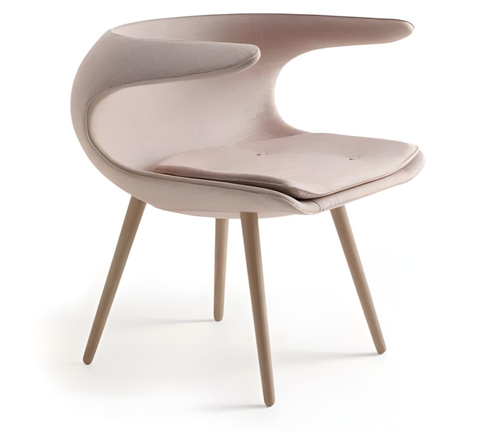 Stouby Frost Chair by FurnID, upholstered in blush pink woven fabric with natural oak tapered legs, three-quarter front view 