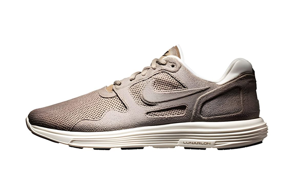 Nike Lunar Flow sneaker in tan suede with cream Lunarlon midsole, lateral profile on white background.
