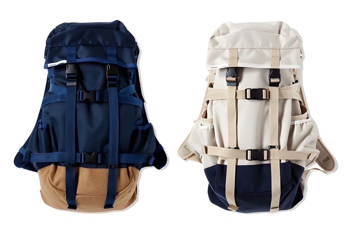 CASH CA x immun. backpack in navy/tan and cream/navy colorways, Cordura twill with faux leather bottom panel.