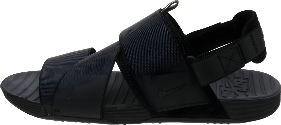 Nike Air Solarsoft Zigzag sandal in triple-black, lateral view — cross straps, Swoosh logo, AIR-embossed sole.