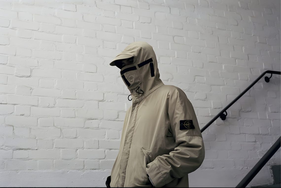 Stone Island Raso Floccato Riot Mask Jacket AW2004 2005 with structured face-shield panel in flocked satin